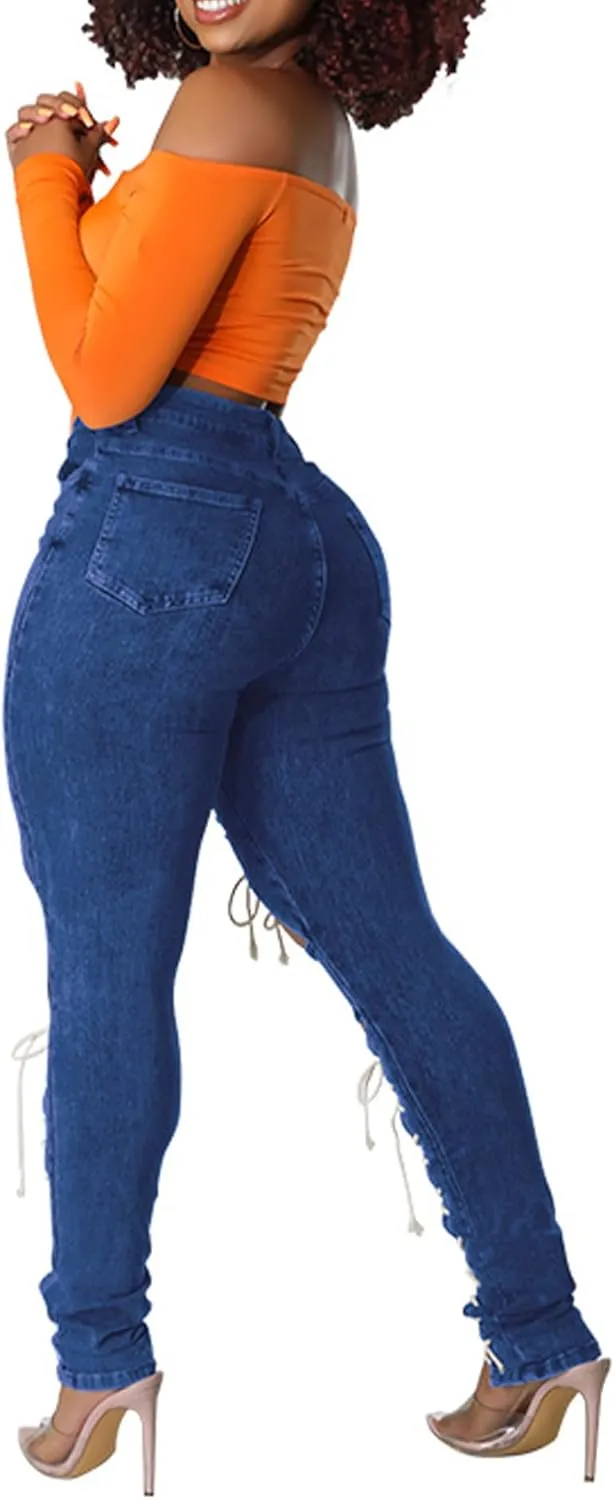 xxxiticat Women's Lace Up Denim Pants High Waist Cutout Bandage Criss Cross Bow Tie Destroyed Hollow Out Jean Trousers