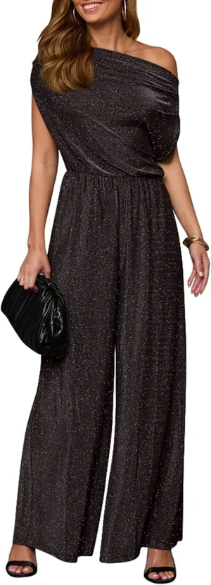 YMDUCH Women's Casual Off Shoulder Short Sleeve Wide Leg Long Pant Elegant Sparkly Party Jumpsuit