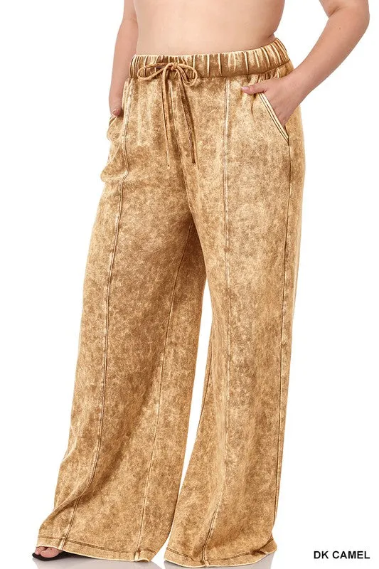 Zenana Plus Size Acid Wash Wide Leg Lounge Pants